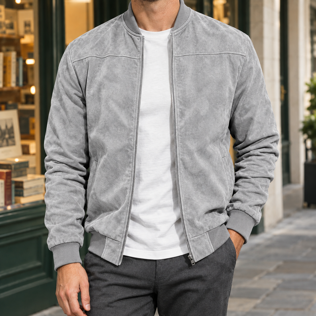Mason Suede Bomber Jacket - Light Gray