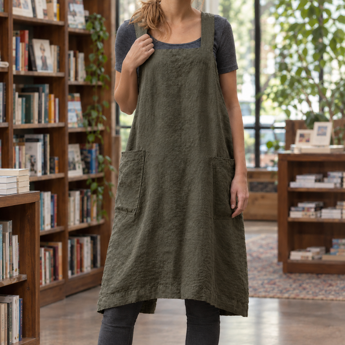 Yara-Pearl Pinafore Dress - Army Green