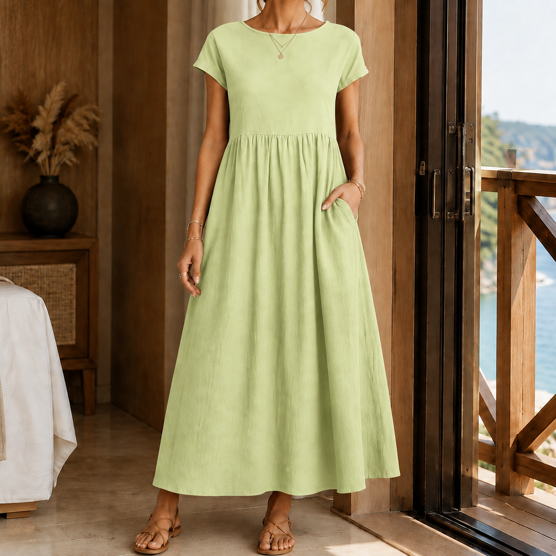Elena-Louise Gathered Midi Dress - Vert Menthe