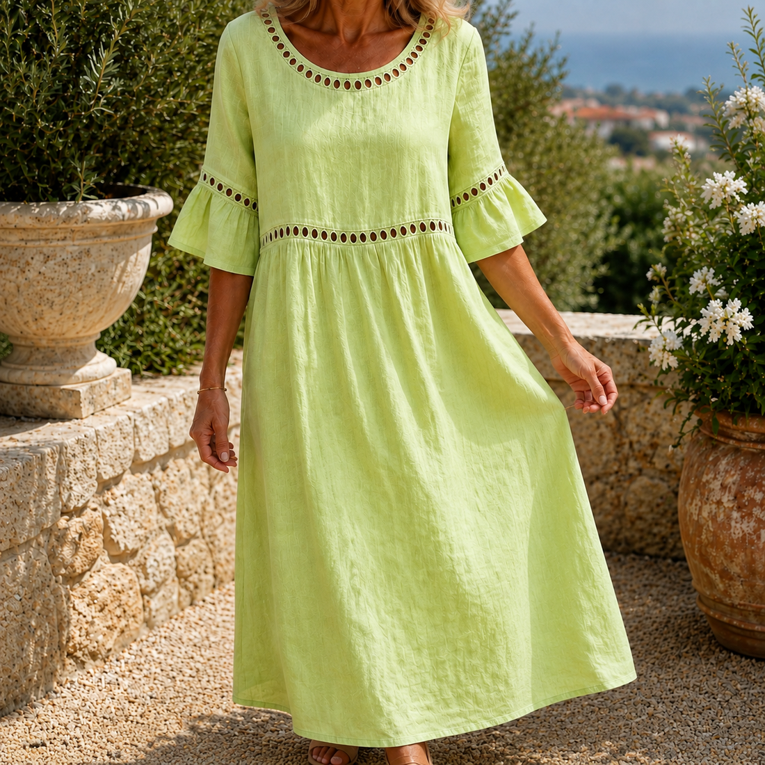 Estella-Rae Eyelet Midi Dress - Soft Green