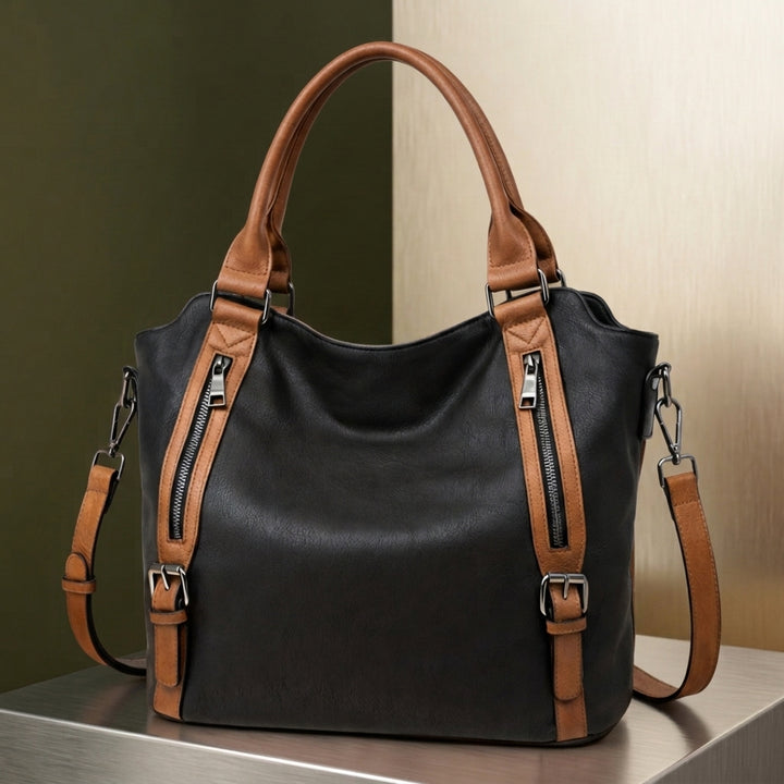 Valencia Buckled Tote - Black with Brown