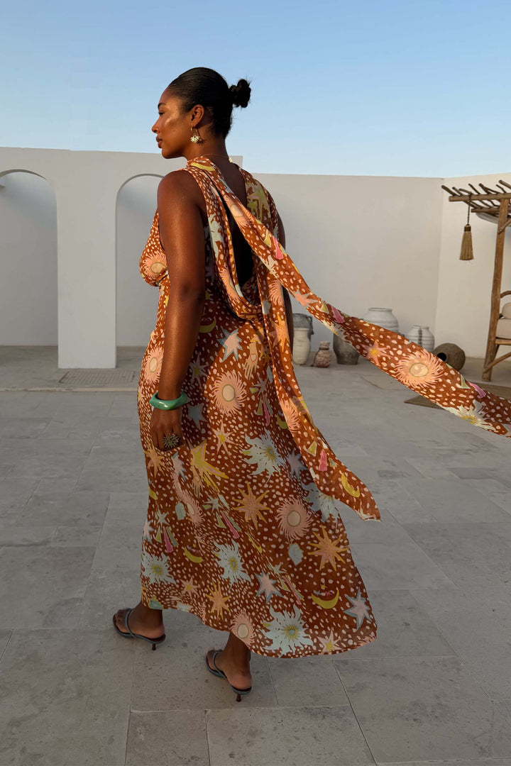 Delia | Cowl Neck Halter House Dress Brown Fawn Print