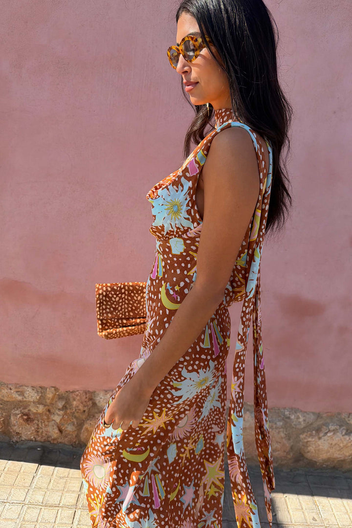 Delia | Cowl Neck Halter House Dress Brown Fawn Print