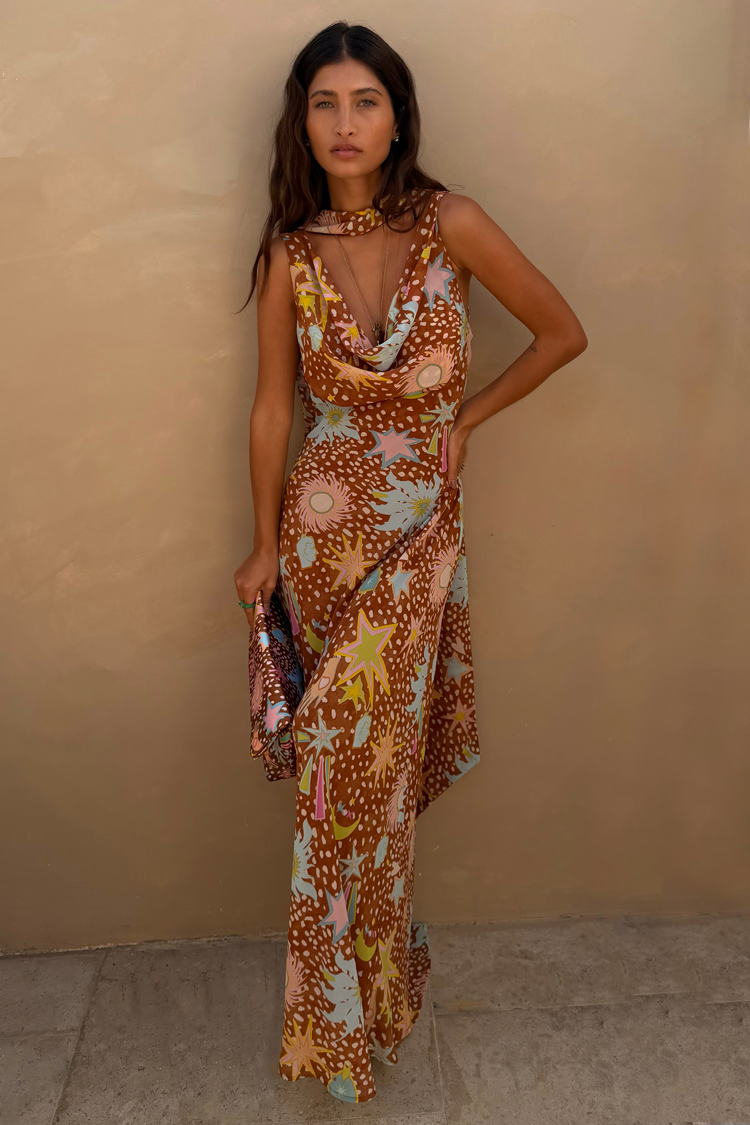 Delia | Cowl Neck Halter House Dress Brown Fawn Print