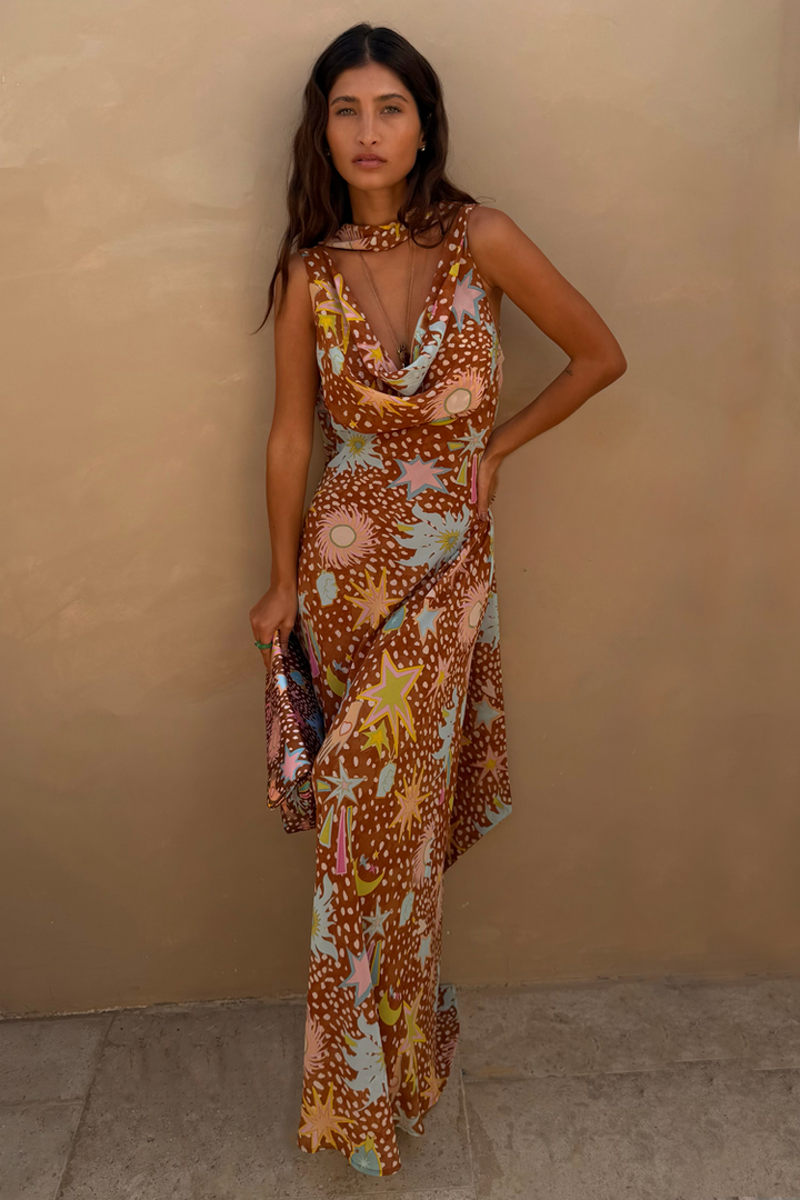 Delia | Cowl Neck Halter House Dress Brown Fawn Print