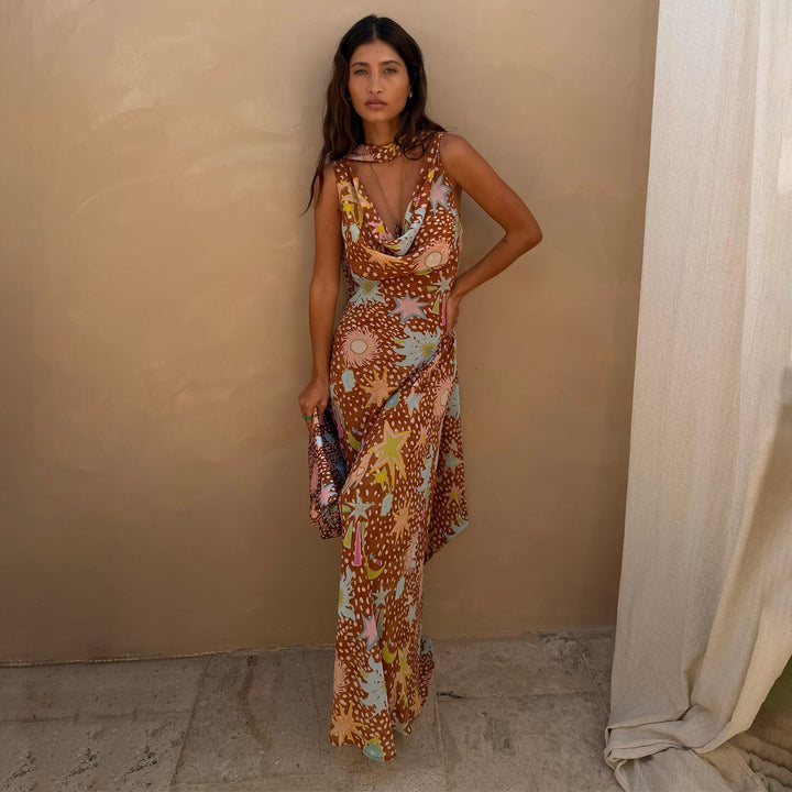 Delia | Cowl Neck Halter House Dress Brown Fawn Print