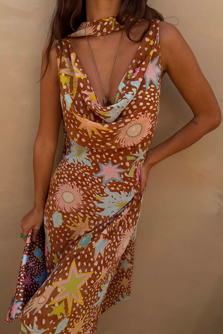 Delia | Cowl Neck Halter House Dress Brown Fawn Print