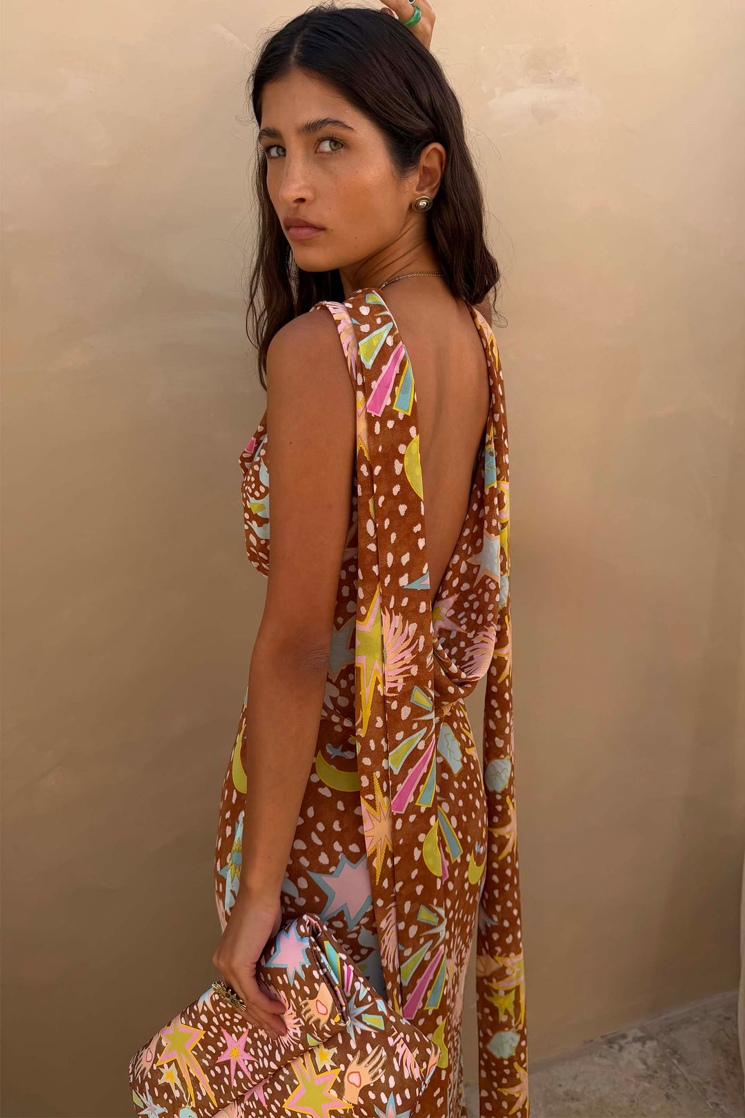 Delia | Cowl Neck Halter House Dress Brown Fawn Print