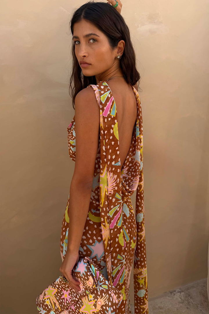 Delia | Cowl Neck Halter House Dress Brown Fawn Print