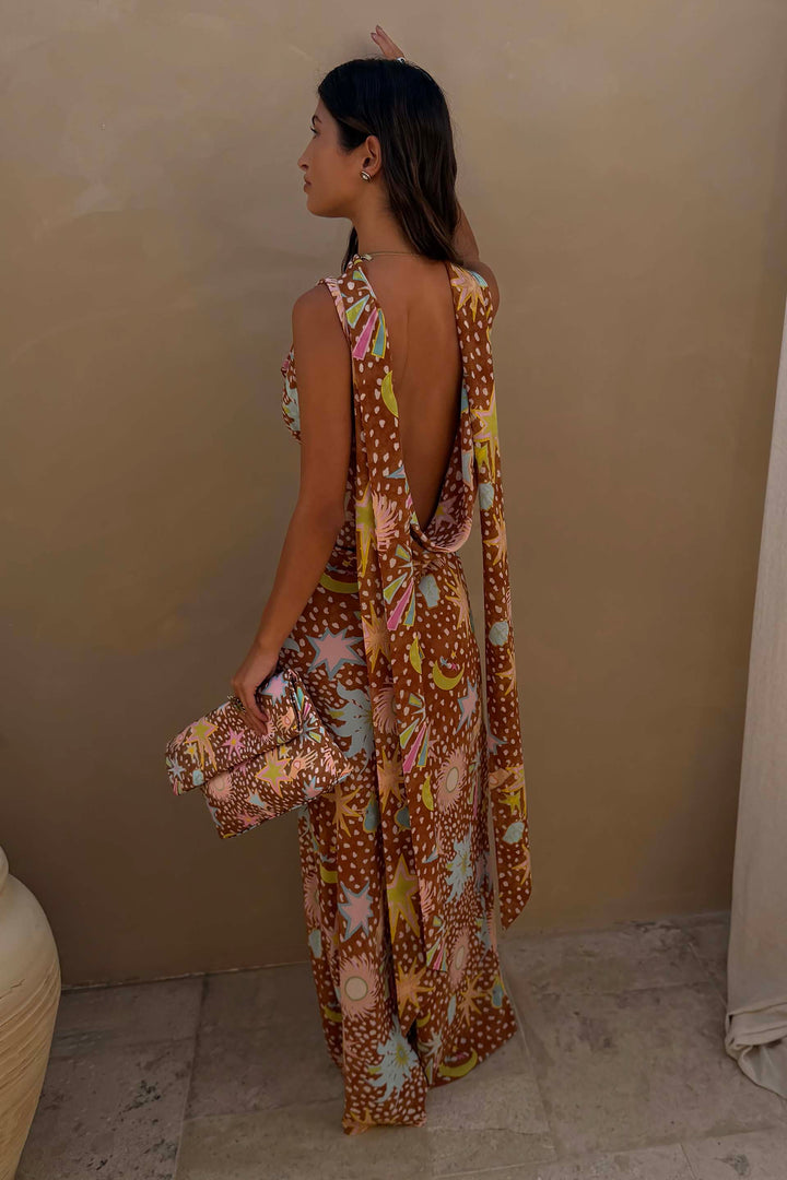 Delia | Cowl Neck Halter House Dress Brown Fawn Print