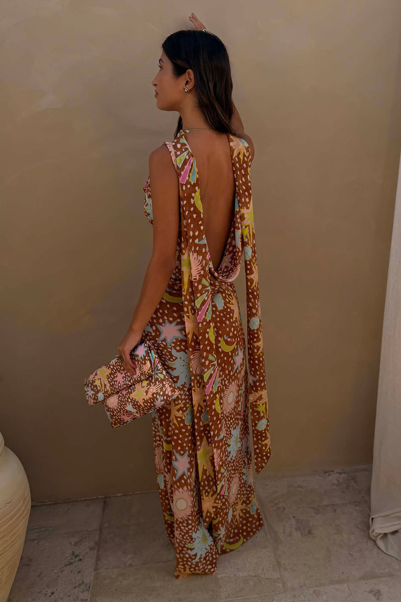 Delia | Cowl Neck Halter House Dress Brown Fawn Print