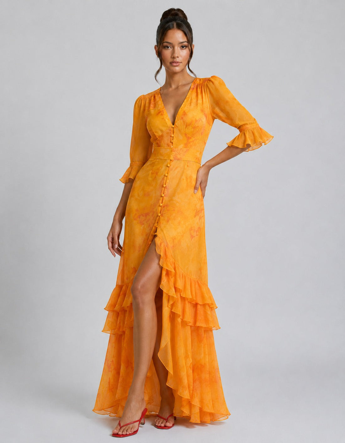 Renee | Women’s V Neck Tiered Ruffled Bishop Sleeve Maxi Dress