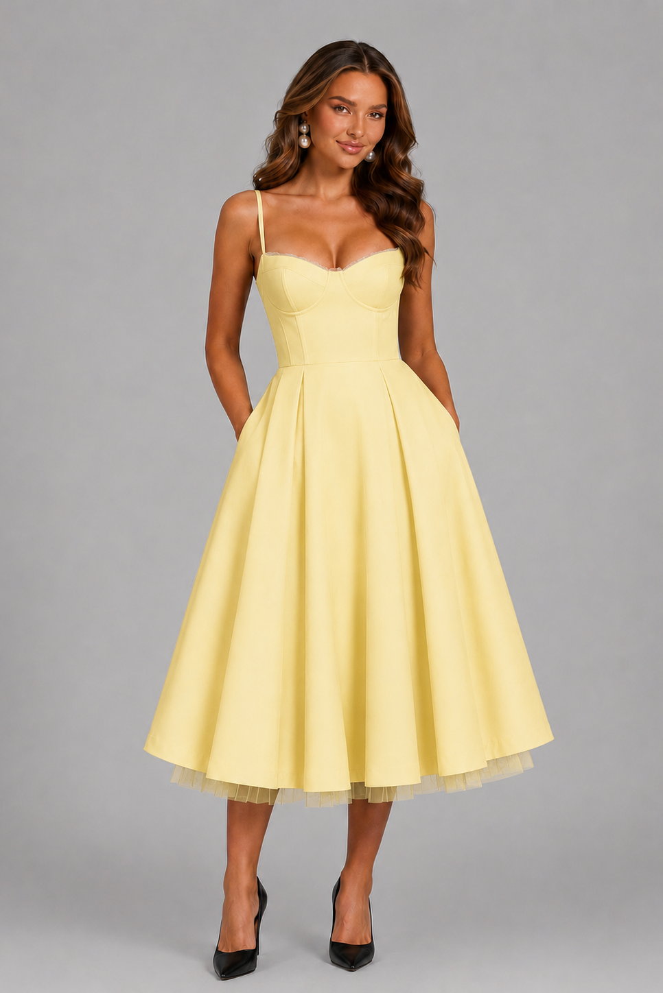 Seraphina | Corset Spaghetti Strap Midi Wedding Guest Dress