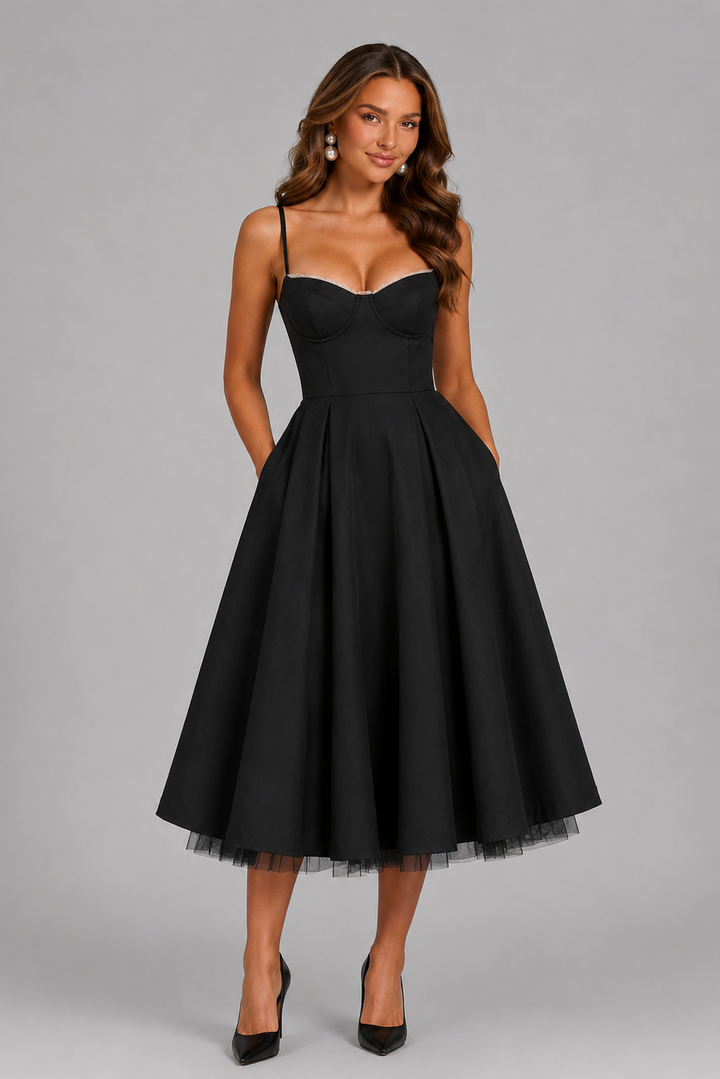 Seraphina | Corset Spaghetti Strap Midi Wedding Guest Dress