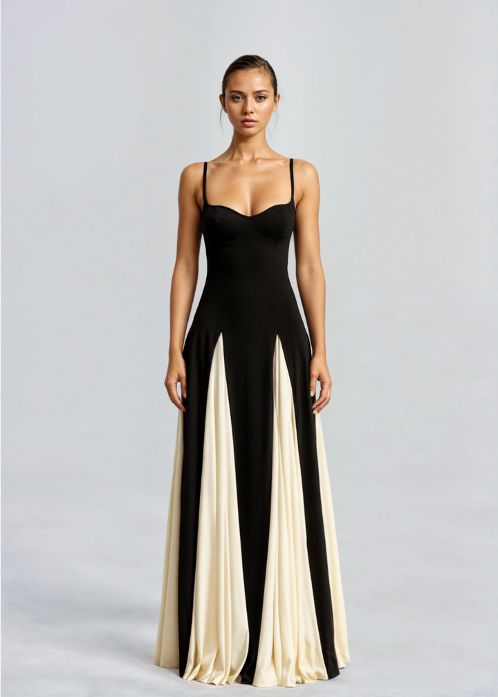 Women’s Maxi Cocktail Dress – Sculpted Top & Flowing Skirt